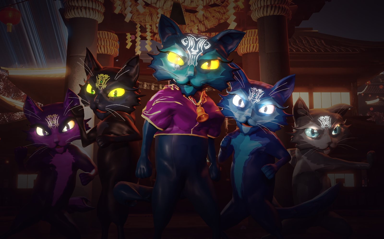 The Yokai Cat Clan with glowing eyes in the dark