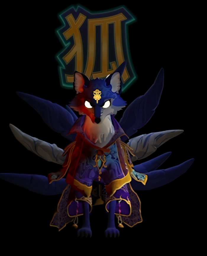The Kitsune, a nine-tailed fox in a purple robe